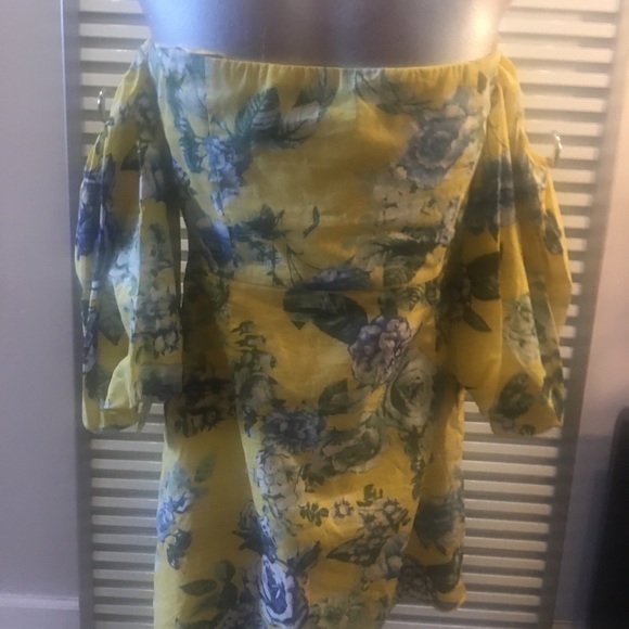 🆕J.O.A. Yellow&blue floral szS strapless dress - Picture 6 of 6